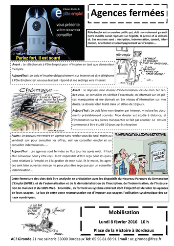 Tract du Collectif AC ! Gironde d"appel à la mobilisation le lundi 8 février 2016 contre la femeture des agences Pole emploi